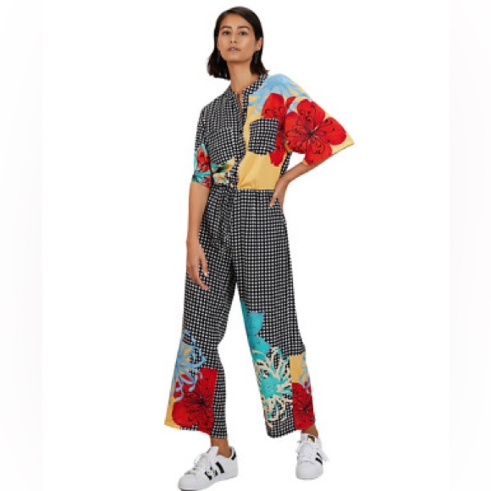 The Kit Issa jumpsuit in the Gingham Camellia Pattern Drawstring Waist XS